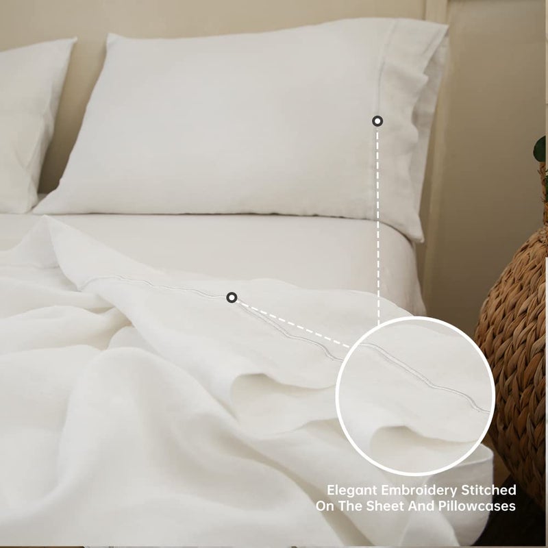Simple&Opulence 100% Linen Sheet Set with Embroidery Washed - 4 Pieces (1 Flat Sheet & 1 Fitted Sheet & 2 Pillowcases) Natural Flax Soft Bedding Breathable Farmhouse - White  Full Size - Image 5